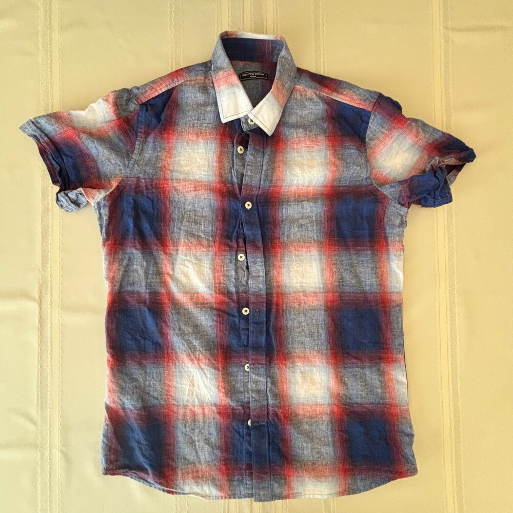 SAKS FIFTH AVENUE Mens Short Sleeve Button Down Plaid Shirt Red White Blue MED